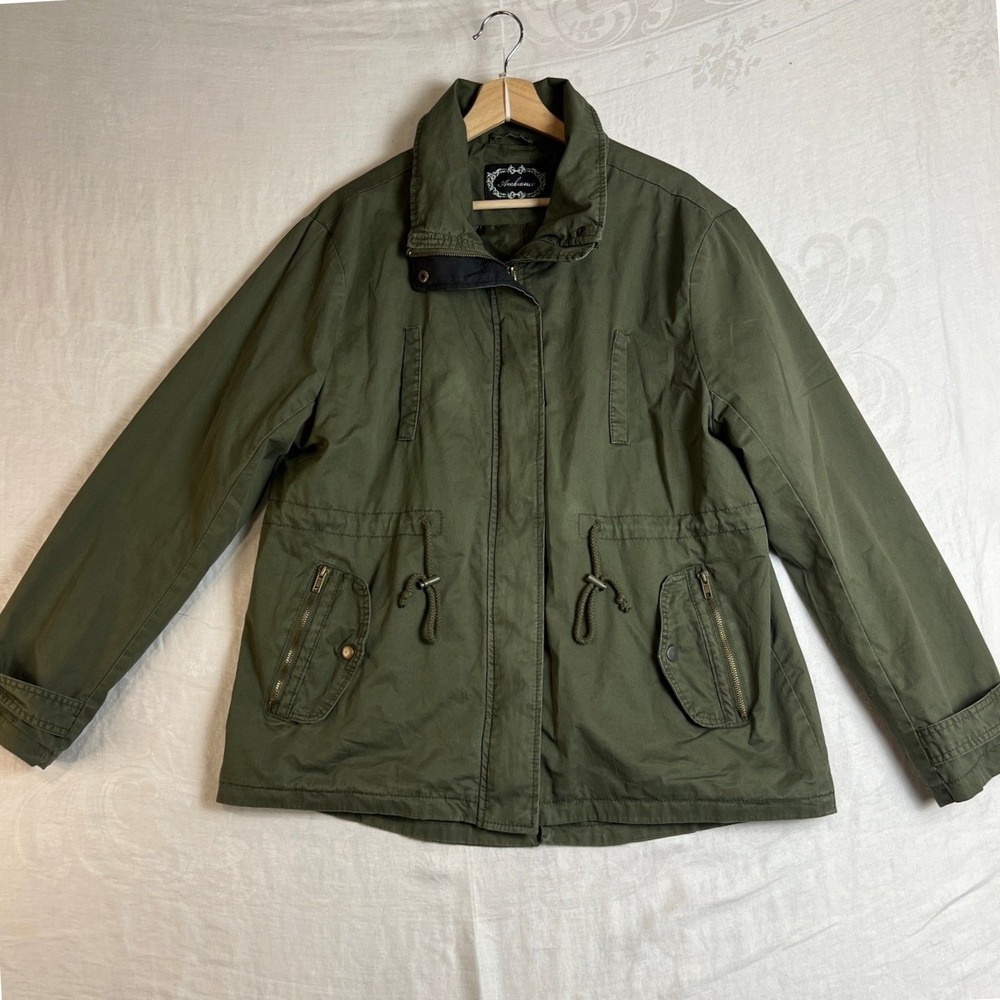 Ambiance Utility Jacket Womens 2XL Drawstring Waist Zip Front Collar Olive Green